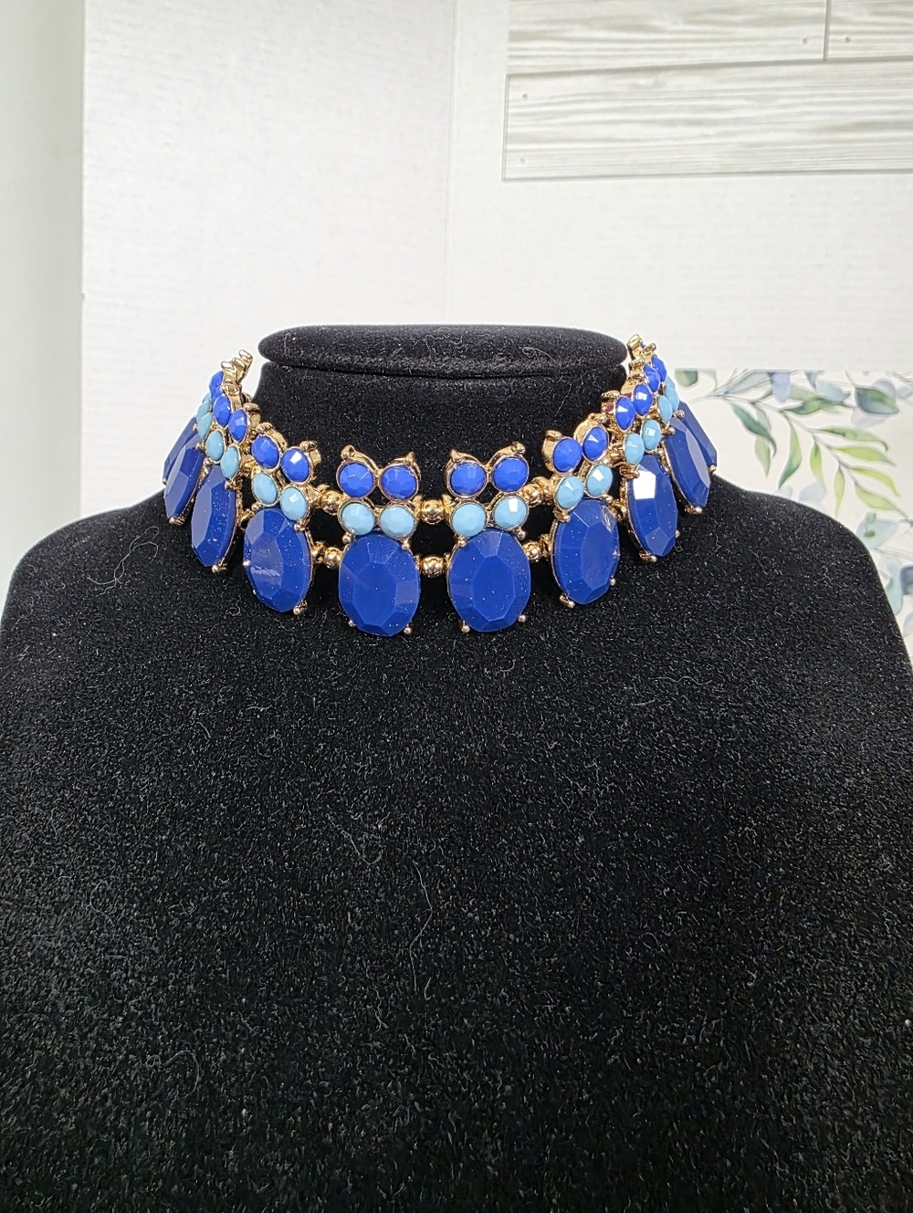 MIKA Signature Gold & Blue Resin Statement Bib Choker Necklace And Earrings Set
